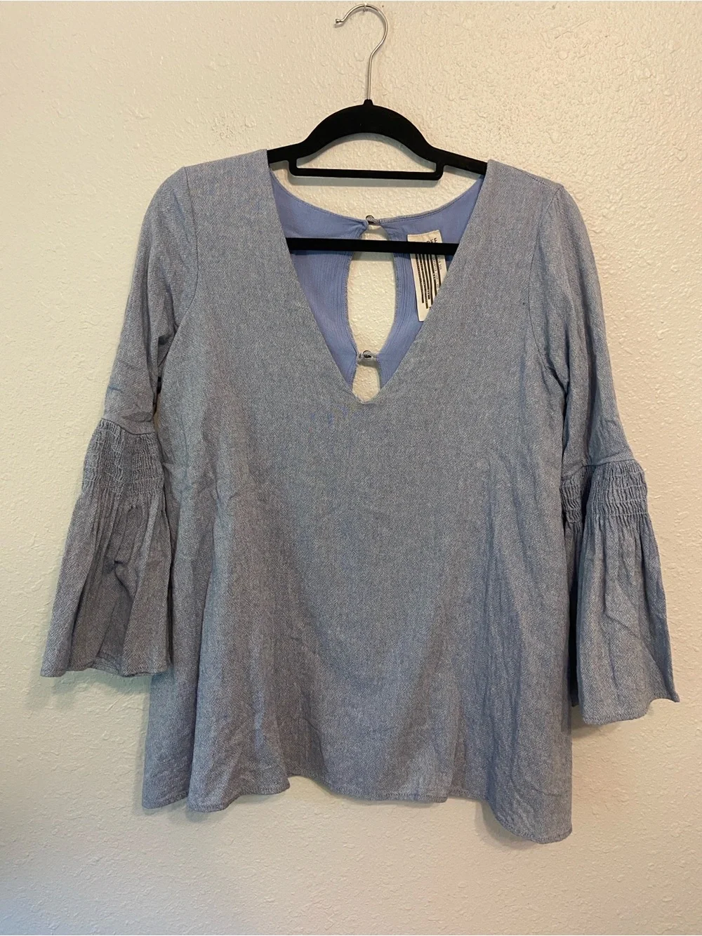 Free People Blue Chambray Keyhole Back Flared Sleeve Mini Dress Romper Size XS